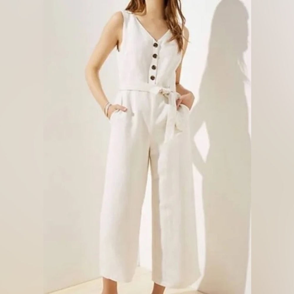 LOFT Cream Linen Jumpsuit with Tortoise Buttons